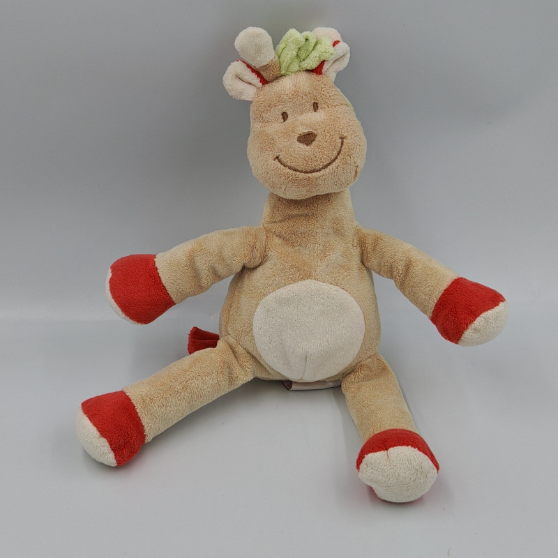 Doudou cerf beige rouge ruban vert BENGY