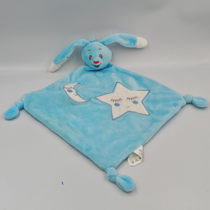 Doudou plat lapin bleu blanc étoiles lune AUCHAN