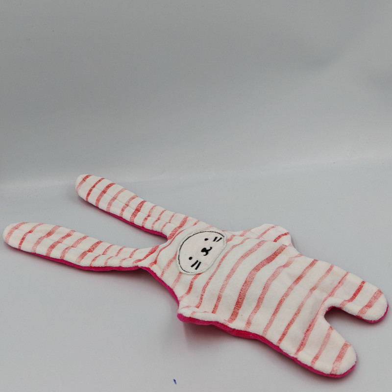 Doudou plat lapin rose blanc rayé Double face CATIMINI