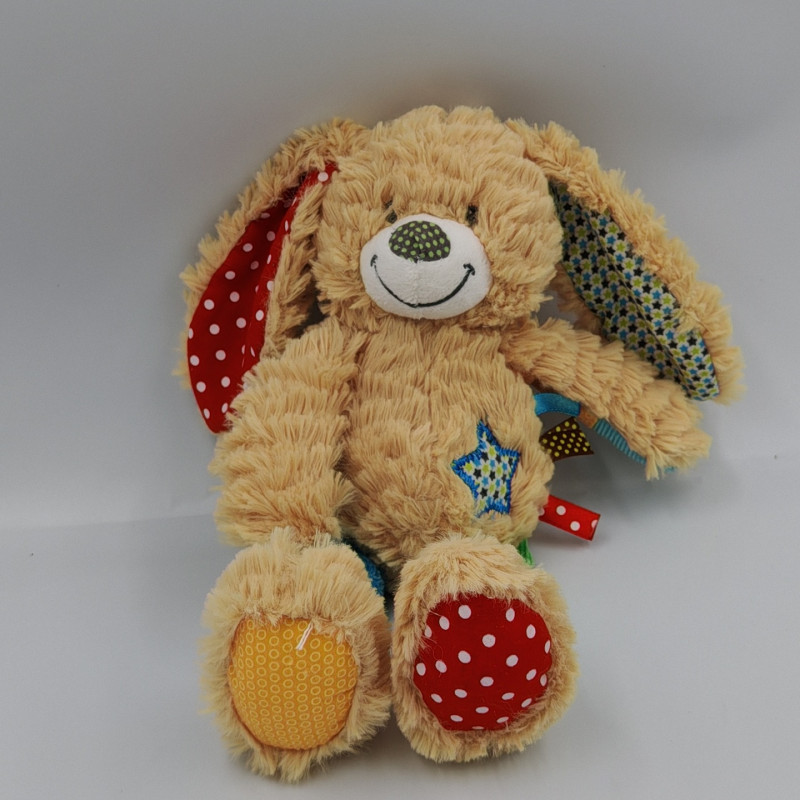 Doudou lapin Beige rouge vert bleu jaune étoiles étiquettes NICOTOY
