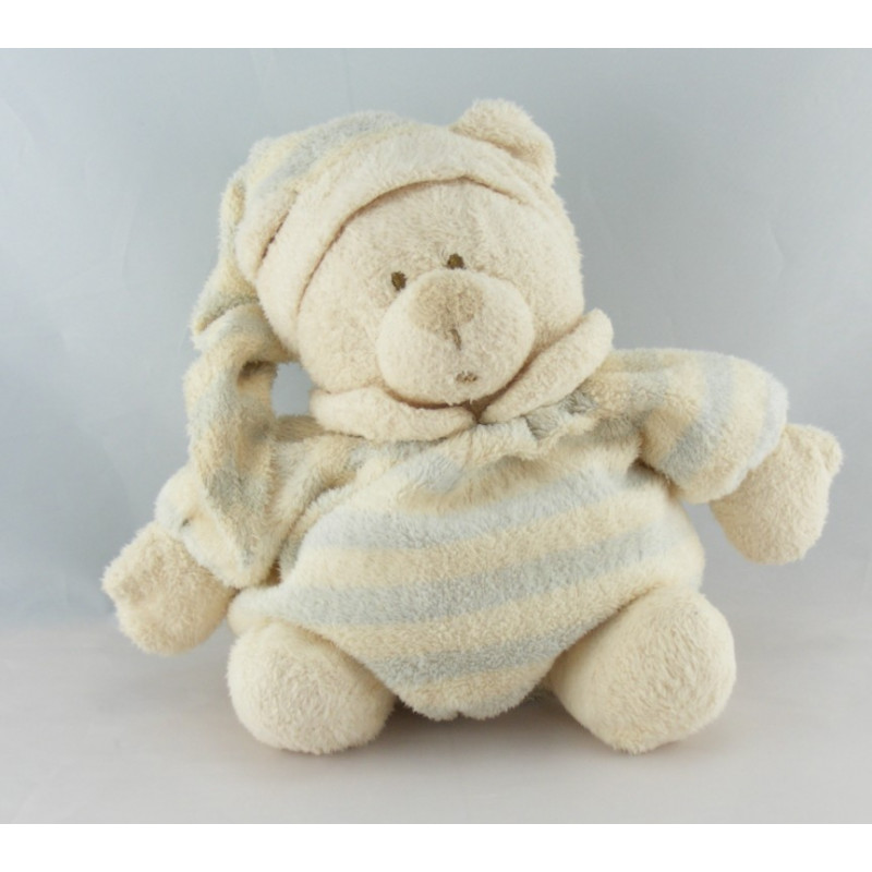 Doudou ours boule écru rayures bleu NICOTOY