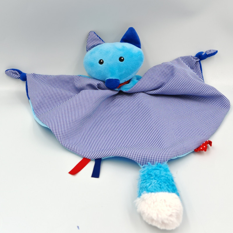 Doudou plat renard bleu écharpe rouge JEMINI