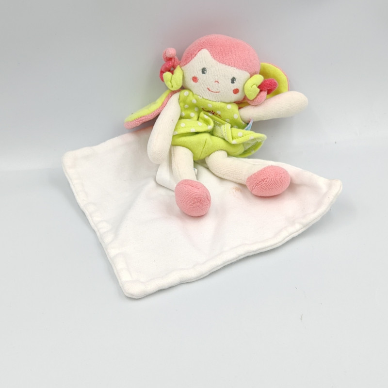 Doudou poupée coccinelle rose vert pois mouchoir cajou SUCRE D'ORGE