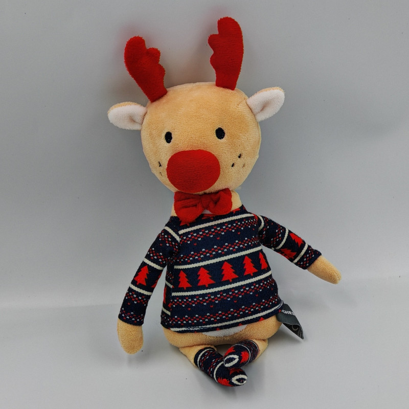 Doudou cerf elan renne beige bleu rouge sapins ORCHESTRA