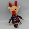 Doudou cerf elan renne beige bleu rouge sapins ORCHESTRA