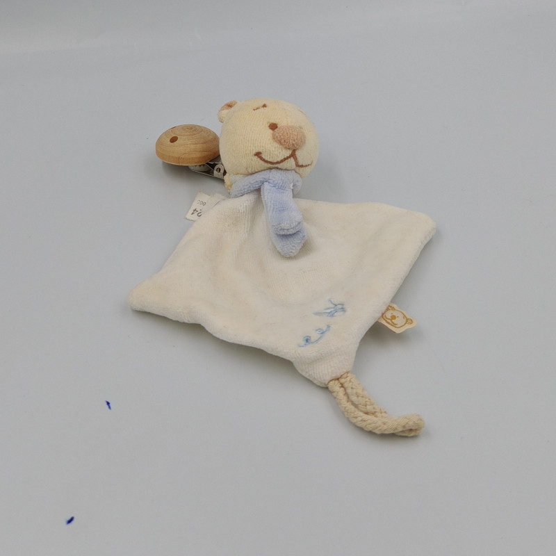 Doudou plat attache tétine ours blanc bleu abeille NOUKIE'S