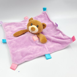 Doudou plat ours marron rose mauve coeur étiquettes