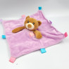 Doudou plat ours marron rose mauve coeur étiquettes