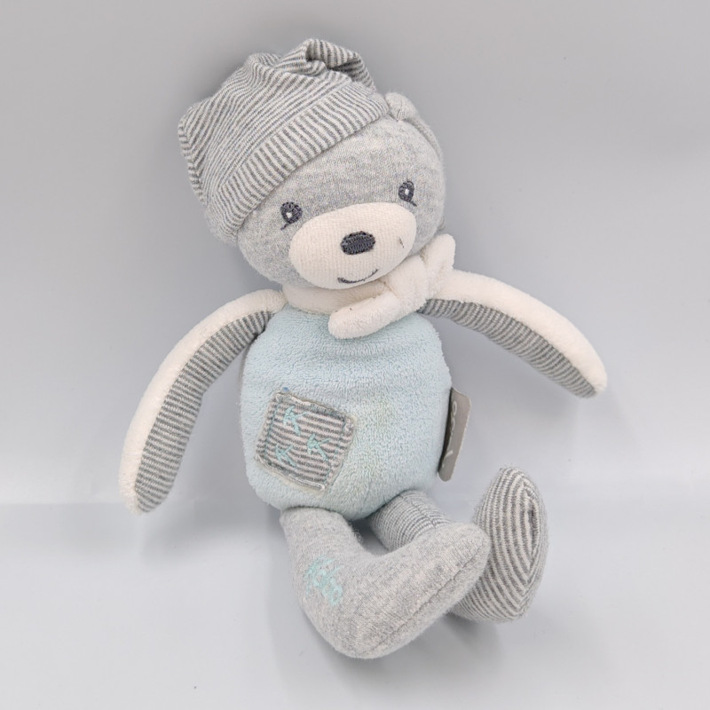 Doudou ours gris blanc bleu rayé Zen KALOO
