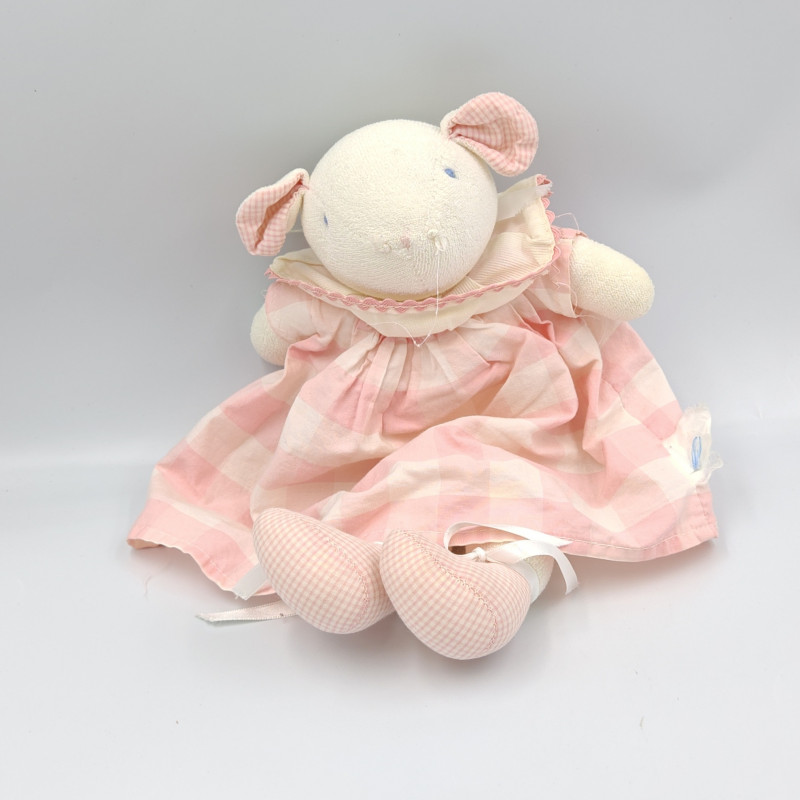 Doudou souris blanche rose carreaux BEBE JACADI