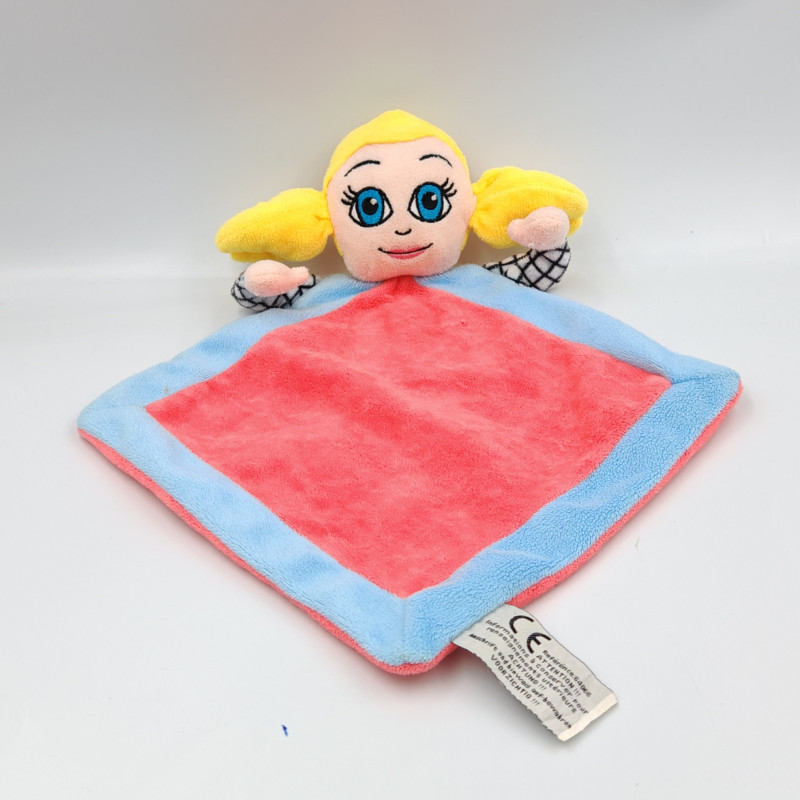 Doudou plat poupée rose bleu nattes blondes FRAISPERTUIS