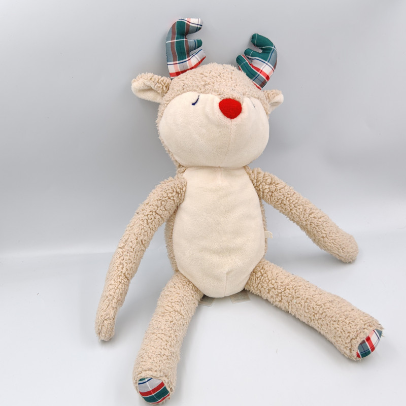 Doudou cerf élan renne beige blanc vert rouge carreaux OBAIBI