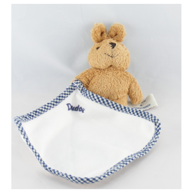 Doudou et compagnie lapin marron mouchoir blanc vichy bleu marine