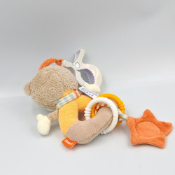 Doudou hochet ours beige jaune orange écharpe rayé BABYSUN
