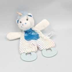 Doudou plat licorne blanche bleu pois TENDERTOYS