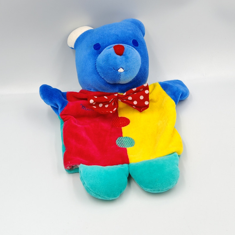 Doudou marionnette ours clown rouge jaune bleu vert Musti MUSTELA