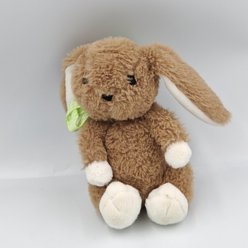 Doudou lapin marron blanc noeud vert JEMINI