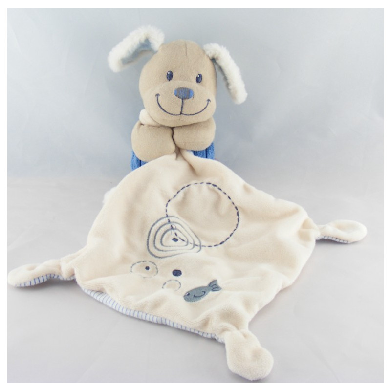 Doudou chien bleu avec mouchoir poisson POMMETTE