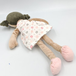 Doudou poupée métis nattes robe blanche rose OBAIBI