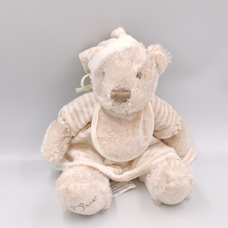 Doudou ours blanc beige rayé bavoir Oscar J-LINE
