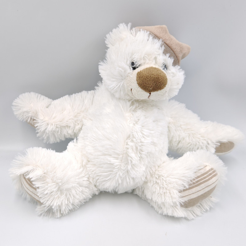 Doudou peluche ours blanc beige bonnet ENESCO