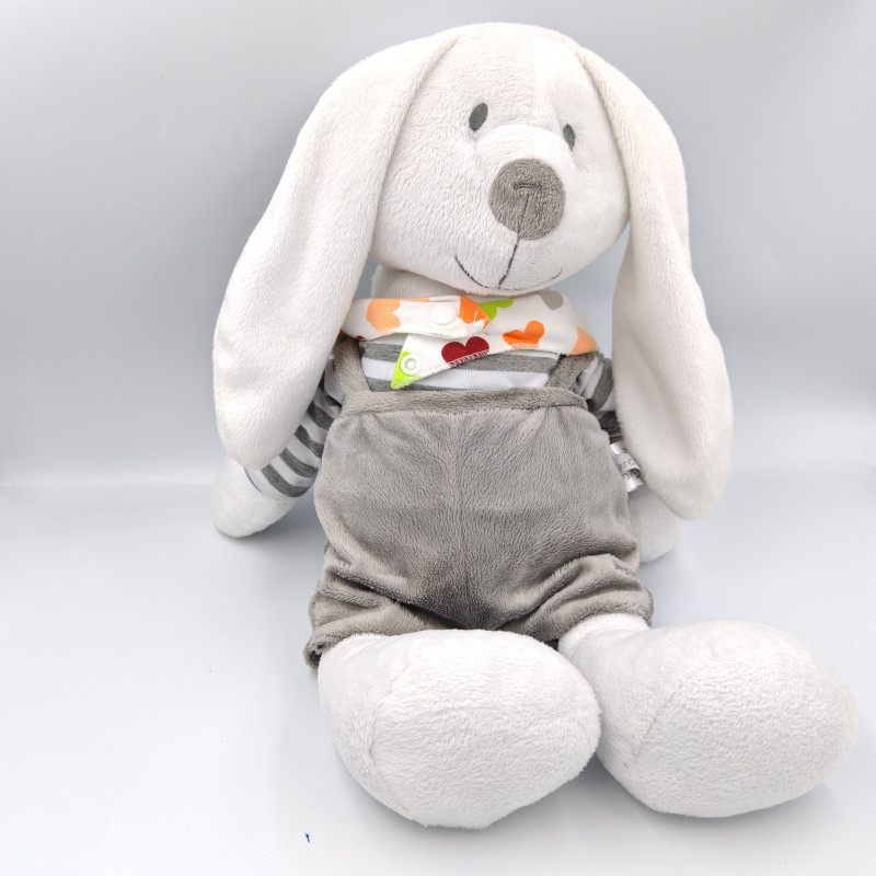 Grand doudou lapin blanc gris rayé LES CHATOUNETS