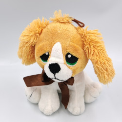 Peluche chien beige blanc noeud satin marron DOHO