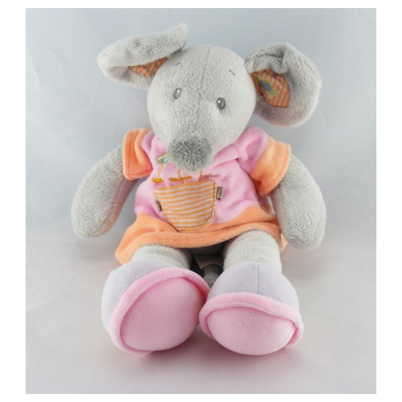 Doudou souris grise robe bleu fleurs NICOTOY 35 cm 