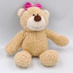 Doudou ours beige blanc noeud rose KURIKKI