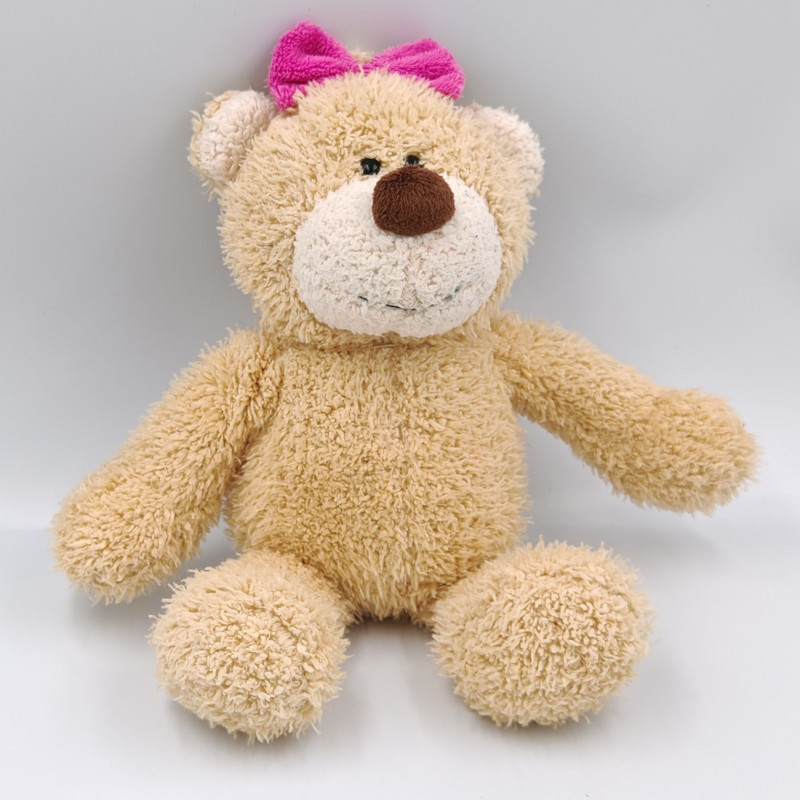 Doudou ours beige blanc noeud rose KURIKKI