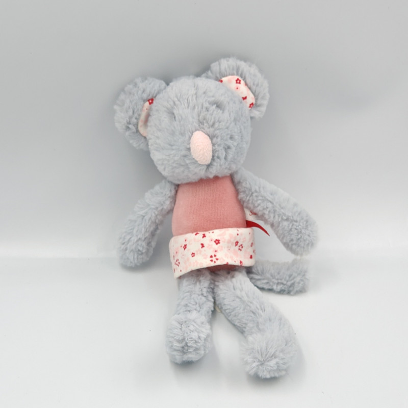 Doudou souris grise rose fleurs SUCRE D'ORGE