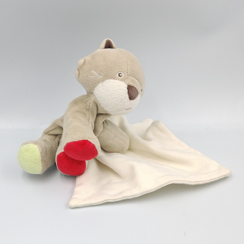Doudou chat renard beige marron rouge vert mouchoir cajou SUCRE D'ORGE