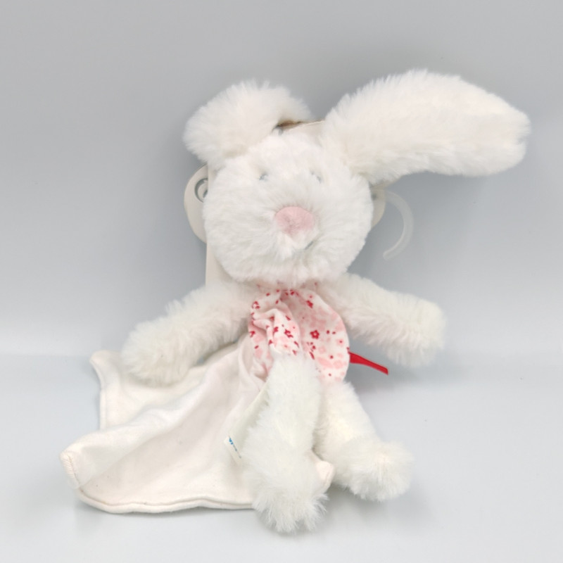 Doudou lapin blanc rose fleurs mouchoir SUCRE D'ORGE
