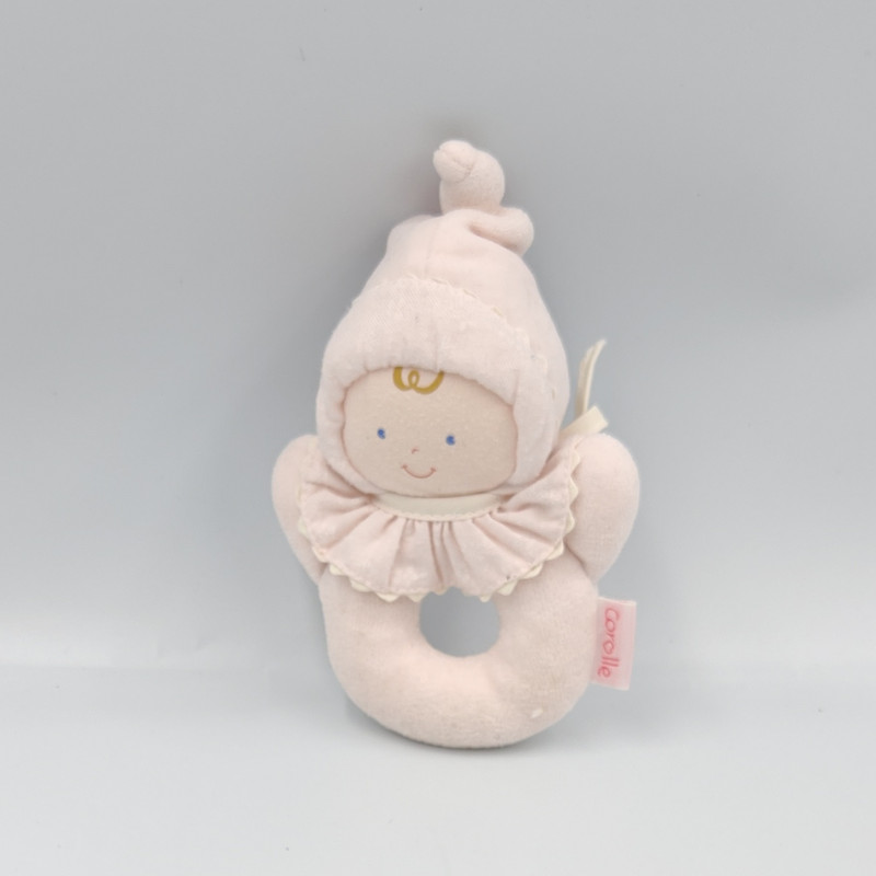 Doudou anneau hochet lutin bébé rose fleurs BABI COROLLE