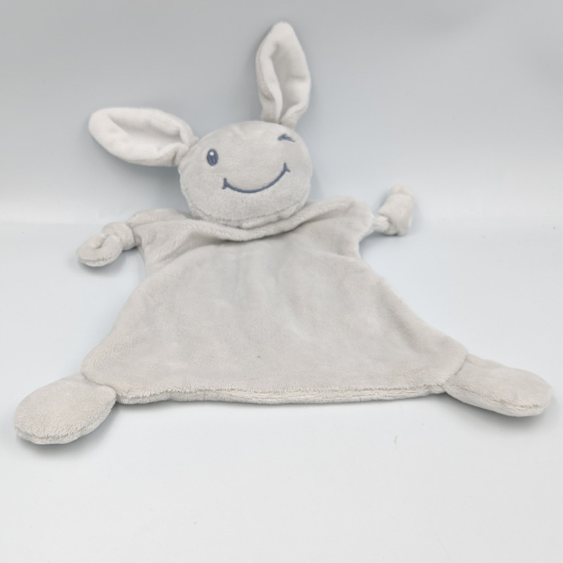 Doudou plat lapin gris blanc clin d'oeil