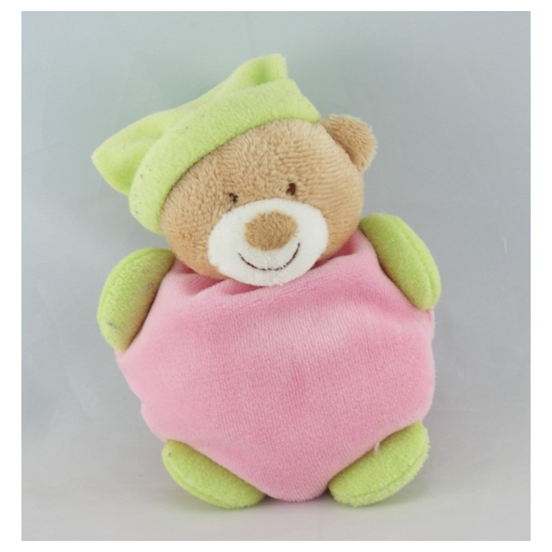 Doudou semi plat ours rose bonnet vert coeur NATTOU