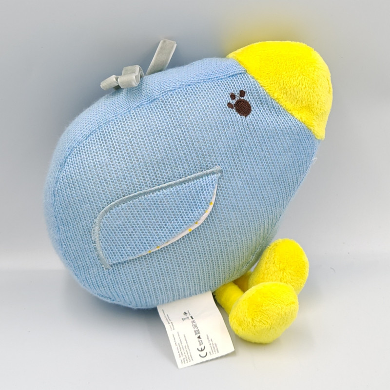 Doudou peluche oiseau bleu jaune laine BABY COLLECTION CMI