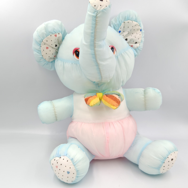 Peluche Puffalump éléphant bleu rose blanc pois coeurs