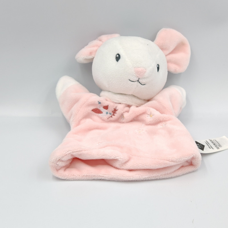 Doudou marionnette souris rose blanche fleurs TEX
