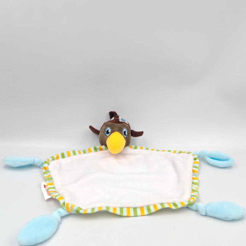 Doudou plat oiseau marron blanc bleu orange rayé SWISS