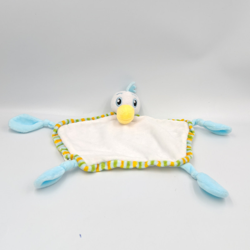 Doudou plat oiseau blanc bleu orange rayé SWISS