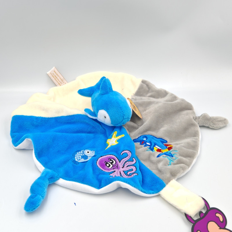 Doudou plat rond dauphin blanc bleu gris RODA