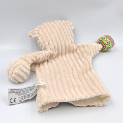 Doudou marionnette chat beige rose bleu vert motifs MABOUL GLOBE TROTOYS
