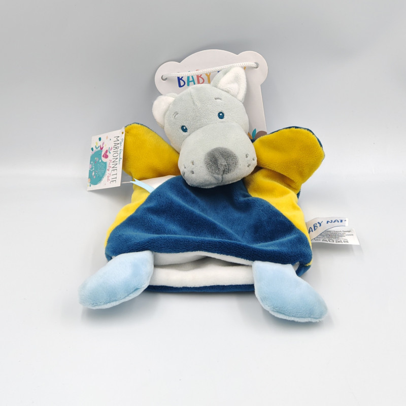 Doudou marionnette loup bleu jaune gris BABY NAT