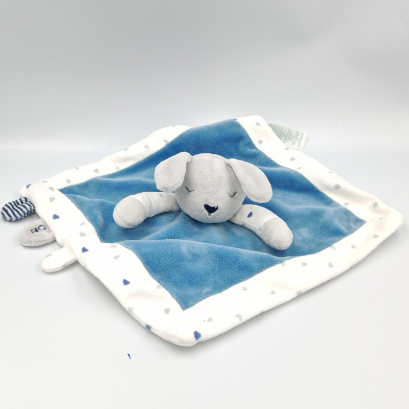 Doudou plat lapin bleu blanc gris coeurs OBAIBI