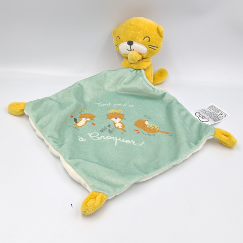 Doudou loutre jaune orange bleu A croquer mouchoir MOTS D'ENFANTS