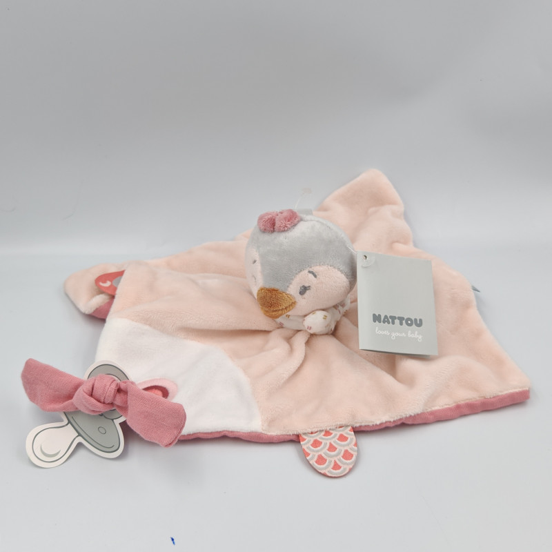 Doudou plat pingouin gris rose Sacha et Pauline NATTOU