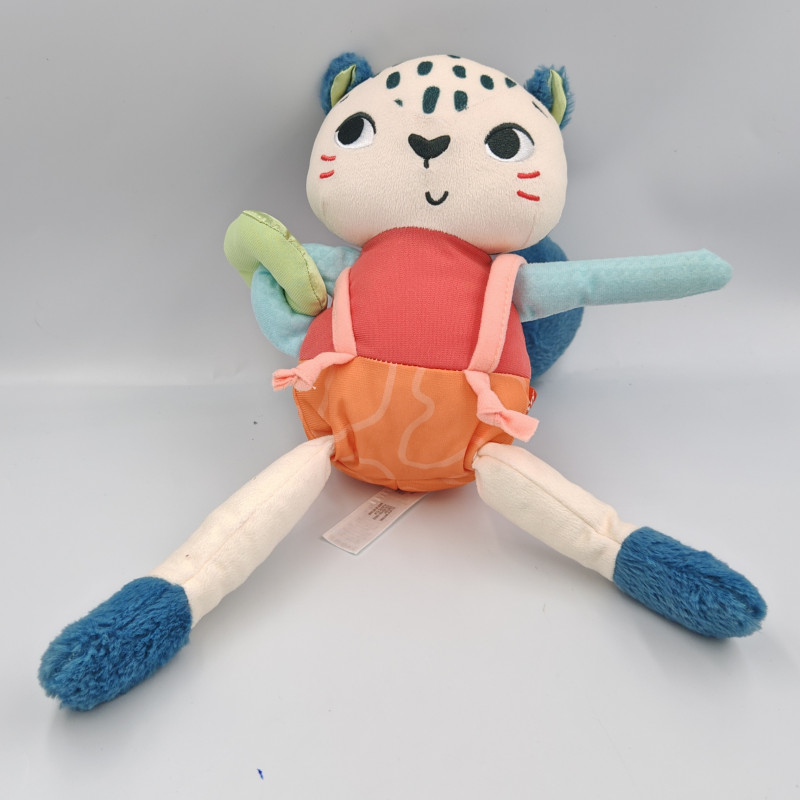 Doudou chat léopard blanc bleu rouge orange Fisher Price