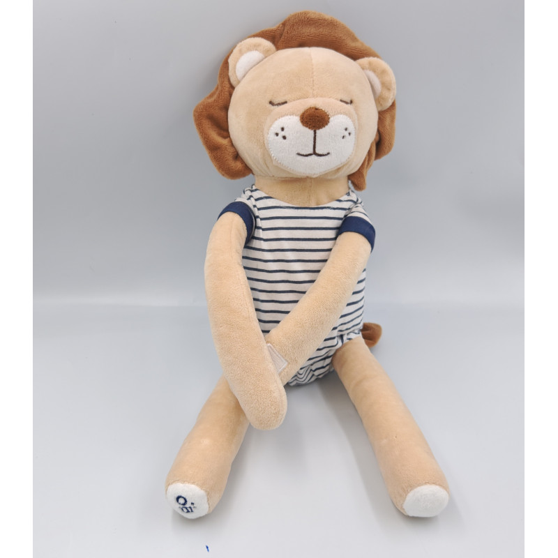 Doudou lion beige bleu rayé OBAIBI
