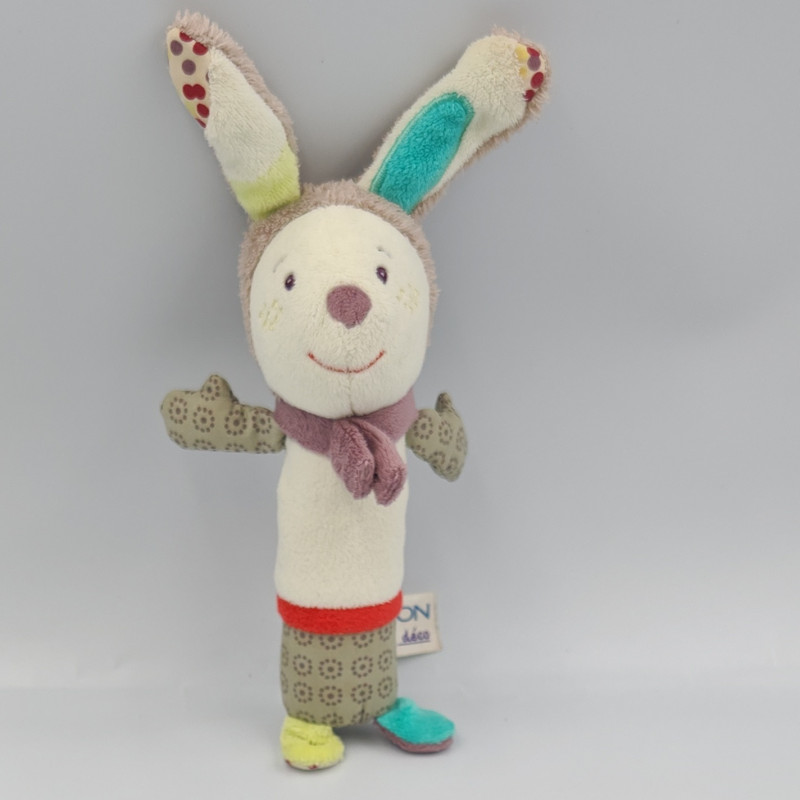 Doudou baton hochet lapin blanc beige prune vert Tinoo SAUTHON